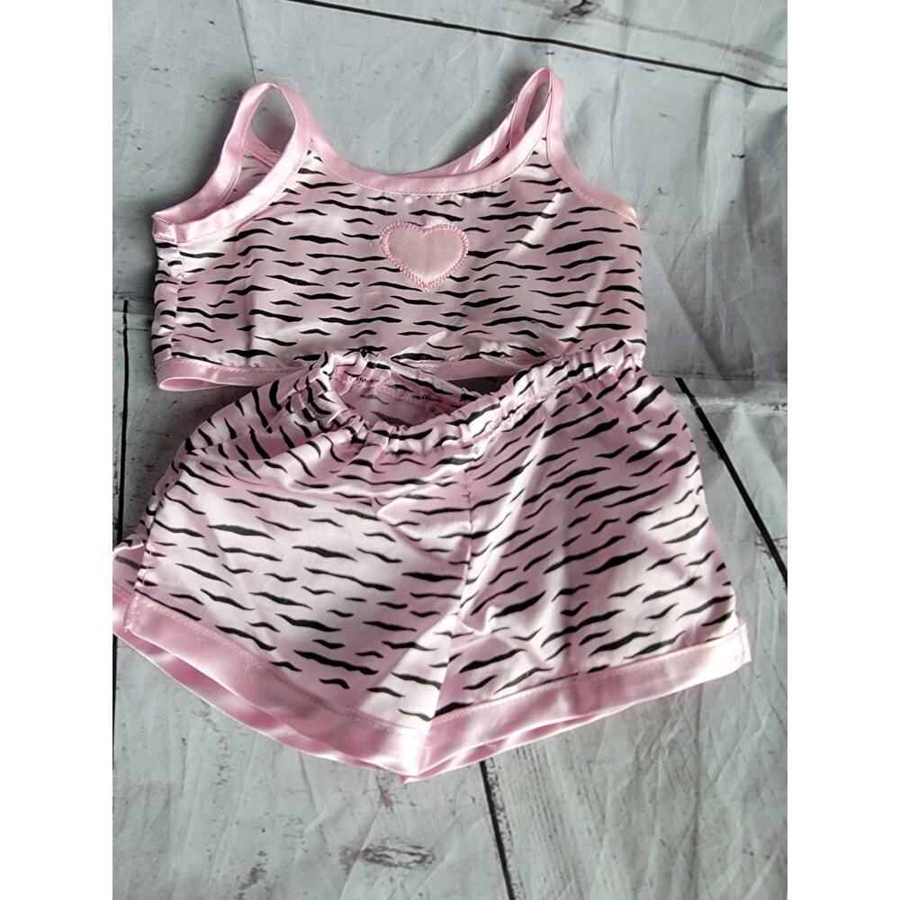 Build a bear workshop light pink zebra satin two-piece pajama set READ